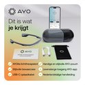 Inhoud van de AYO-verpakking: lichttherapiebril, beschermhoes, oplaadkabel, Nederlandse handleiding en AYO-pouch.