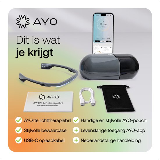 Inhoud van de AYO-verpakking: lichttherapiebril, beschermhoes, oplaadkabel, Nederlandse handleiding en AYO-pouch.
