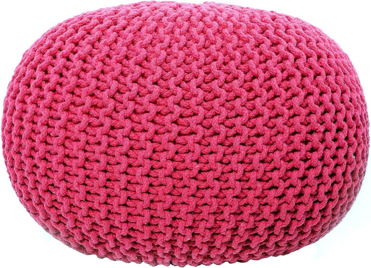 Gebreide Poef - Voetenbankje Rond - Woonkamer Decoratie - Handgebreid Katoen - 50x50x35cm - Donker Roze