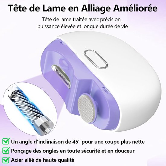 Paarse en witte elektrische nagelknipper met verbeterde legering meskop. Kantelhoek van 45° voor nette snede.