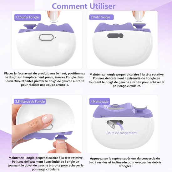 Stappenplan voor het gebruik van de elektrische nagelknipper: knippen, polijsten, glans geven en reinigen met opbergdoosje.