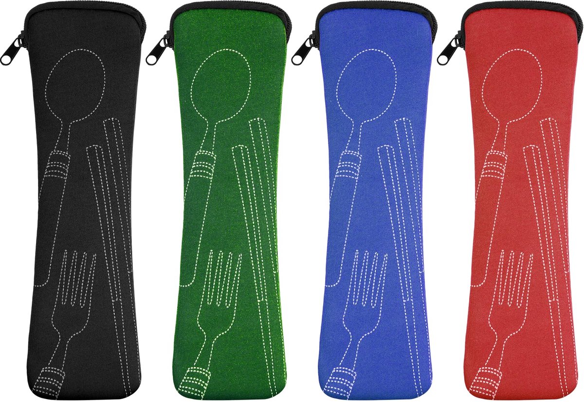 4-delige Besteketui Set - Neopreen Bestekzakjes met Ritssluiting - Herbruikbare & Wasbare Bestekhouders - Voor School, Werk, Picknick & Reizen - 20 x 6 cm