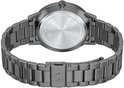 Achterzijde van de kast en schakelband van het grijze Armani Exchange horloge met gegraveerde details.