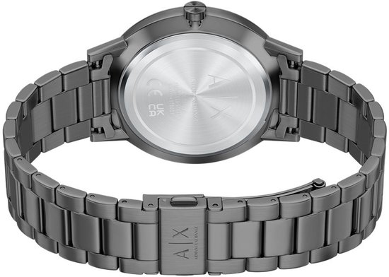 Achterzijde van de kast en schakelband van het grijze Armani Exchange horloge met gegraveerde details.