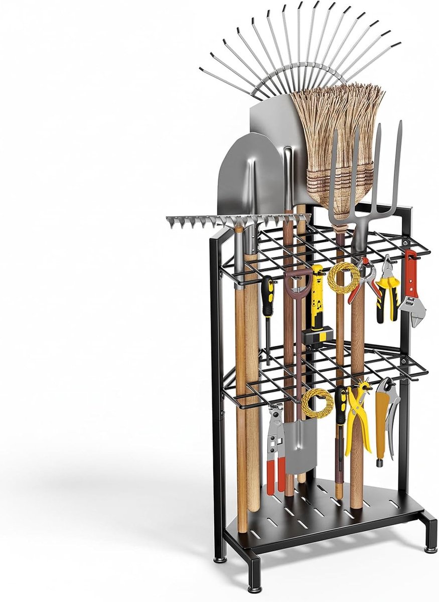 Houder voor Tuingereedschap met Haken, Metalen Garage Organizer met Wielen voor Efficiënte Opslag