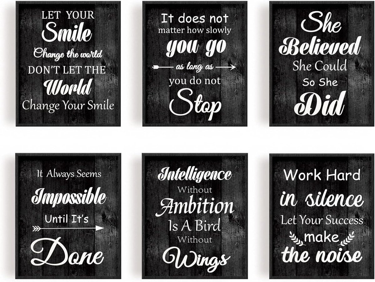 Set van 6 inspirerende muurkunst prints zwart zonder lijst motiverende citaten canvas muurkunst 20x25 cm muurposter voor kantoor, woonkamer, klaslokaal