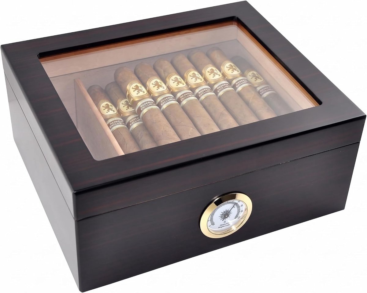 Humidor etui voor 25-50 sigaren, Sigare tafel-luchtbevochtiger van hout met scheidingswand en hygrometer voor zwart
