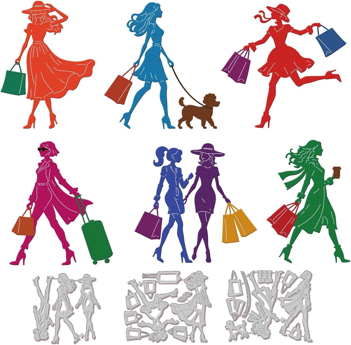 Modieuze dame ponsen voor kaarten maken, moderne vrouw, metalen stansvormen, winkelen, snijmatrijzen voor scrapbooking, dagboek, reliëf, papierkunst, decoratie