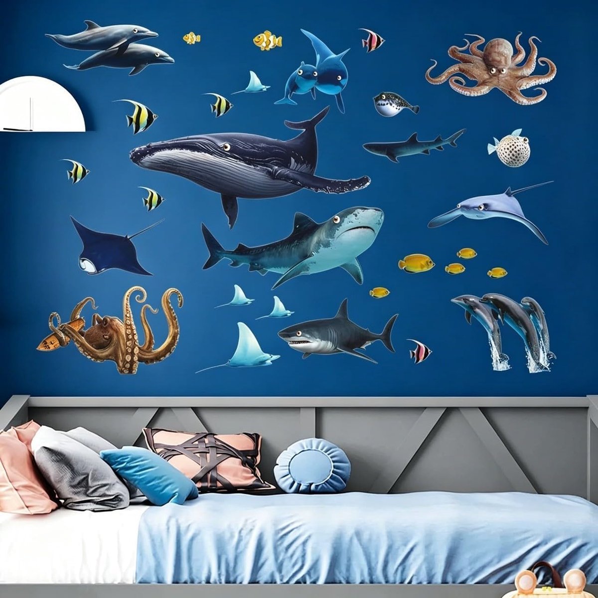 Muurstickers verwijderbare schil en stok onder de zee vis, haai octopus walvis muurstickers voor kinderkamer slaapkamer speelkamer muur decor
