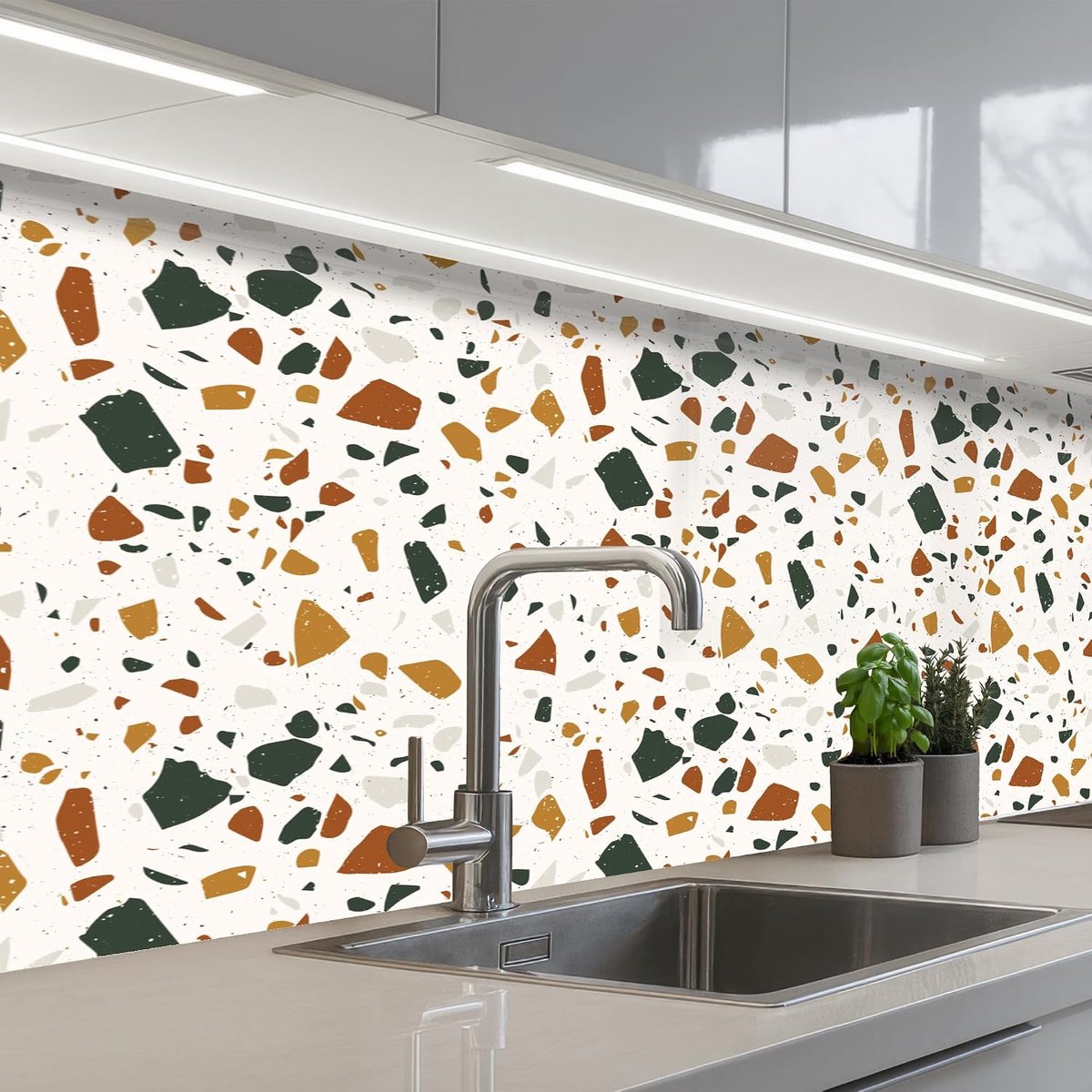 Keukenachterwand 80x200 cm zelfklevend keuken decoratie accessories home kitchen spatscherm Terrazzo - Patroon - Wit - Terra