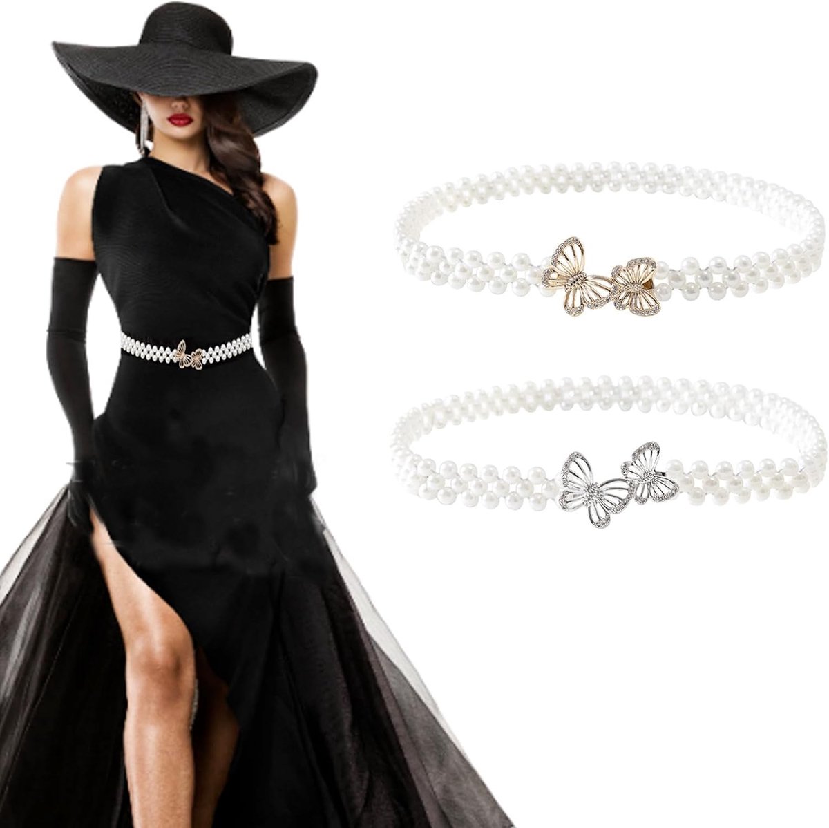 2 Stuks Stretchriem Dames, Stretch Riem Taille, Vlinder Elastische Riem, voor Bruiloften, Familiefeesten, Kerstfeesten (Goud, Zilver)