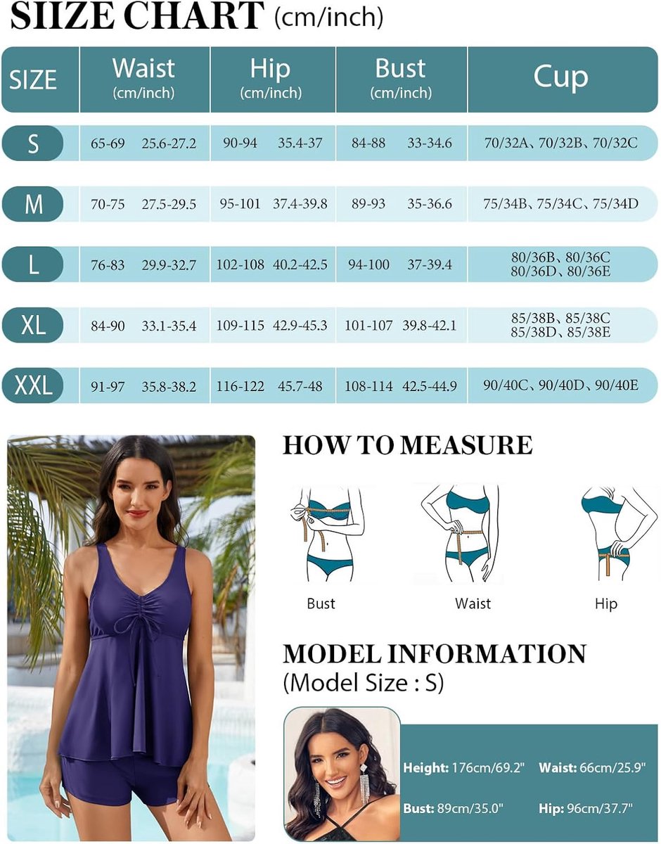 Tweedelig badpak voor dames, V-hals, tankini-set, badpak, gevoerd, push-up-beha, badmode, bloemen, tankini, tops, shorts, oversized, strandkleding
