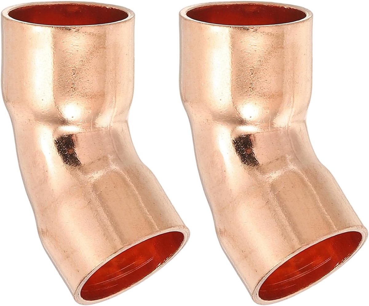 15mm 1mm Dikke Elleboog Koperen Fitting, 2 Stks 99,9% Puur Koperen Pijp Fitting 45 Graden Korte Radius Buis Connector Zweet Soldeer voor HVAC Koelsysteem