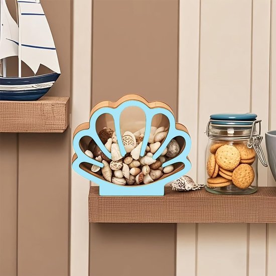Presentatiedoos voor schelpen, standaard, hout, met transparant venster, acryl, kleine ster, zee, blauw, schelp, tand, haai, vitrine, voor collectie, decoratie, marine, strand, 15,5 x 13 x — afbeelding 5
