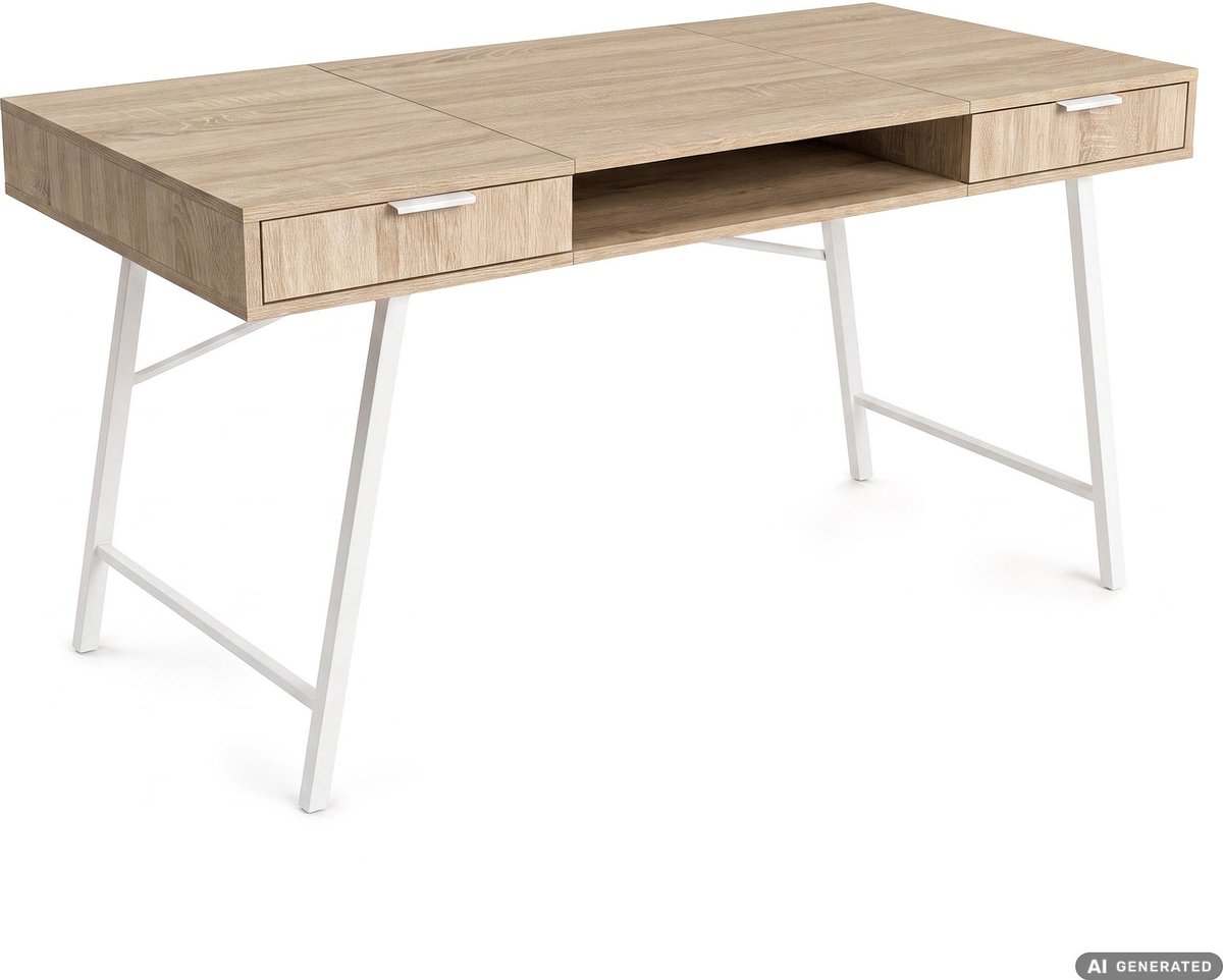 Computertafel Bureau ARDEN / Industrieel / Sonoma Eiken / 120 cm / 2 Lades / 1 Plank / Witte Poten