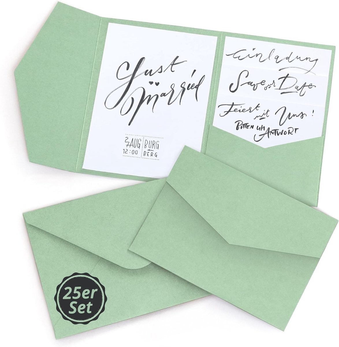 - Set van 25 Pocketfold-kaarten met enveloppen, B6-formaat, groen | Blanco Pocketfolds van 230 g/m² met briefenveloppen van 120 g/m² papier voor bruiloften en uitnodigingen om te ontwerpen