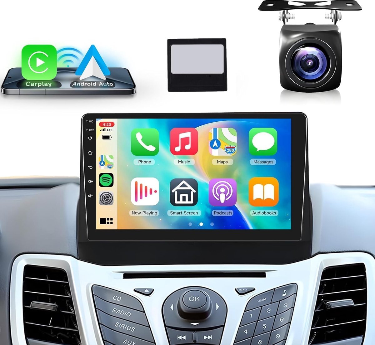 4G 64G Android Autoradio voor Ford Fiesta 2009-2017 9 Inch HD Wireless Carplay Autoradio met Android Auto Navi GPS Mirror Link Bluetooth FM/RDS/DAB/DVR/32EQ/USB/WiFi Stuurwielbediening