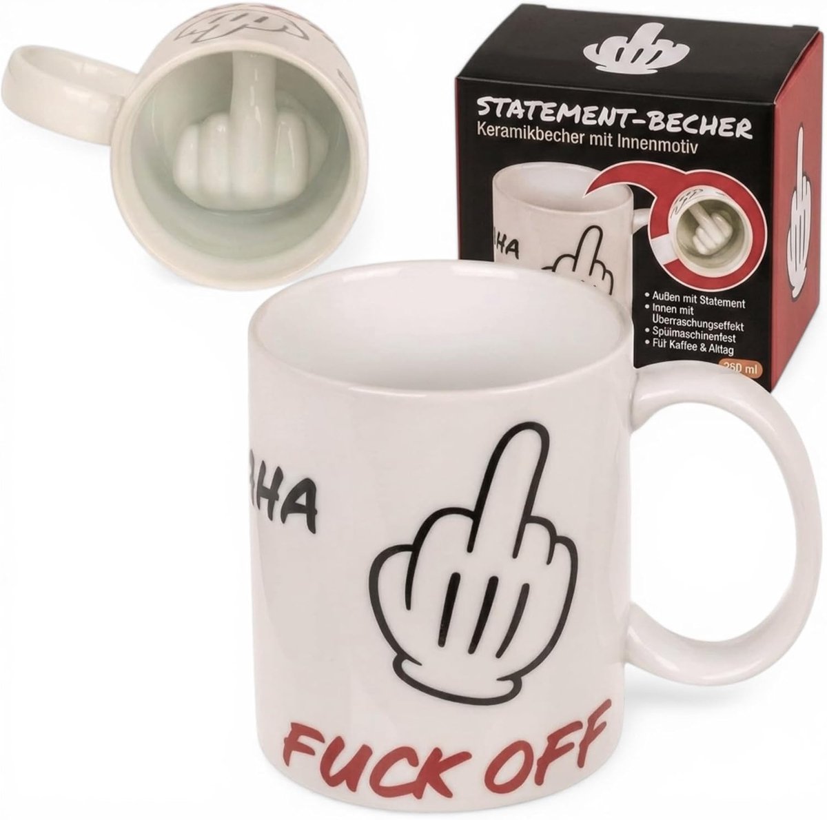Keramische mok "Fuck Off" – middelvinger design, mok met stinkvinger in het interieur, 250 ml, grappige spreukenbeker, statement-mok