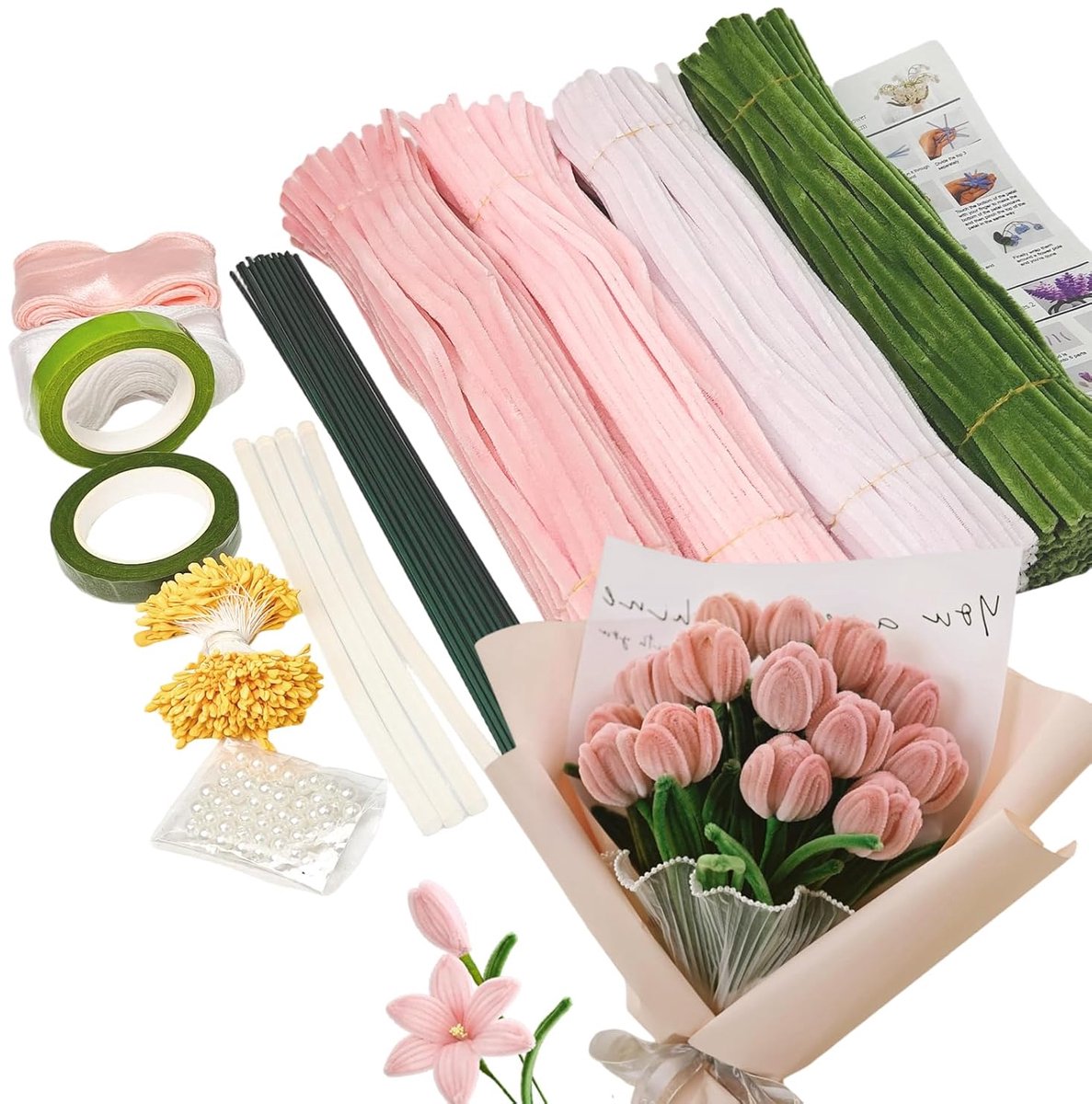 Bloemenset, 400 stuks, pijpenragers om te knutselen, met bloemendraad, lint, bloemenstofblad voor bloemenboeket, doe-het-zelf decoraties