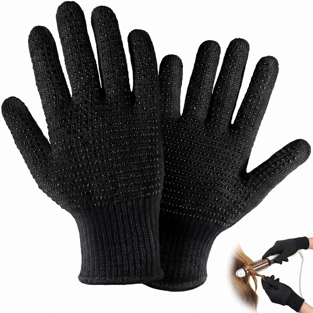 Hittebestendige handschoenen voor stijltang en krultang, 2 stuks, katoenen handschoenen met antislip siliconen punten voor professionele styling, geavanceerde warmtebescherming, zwart