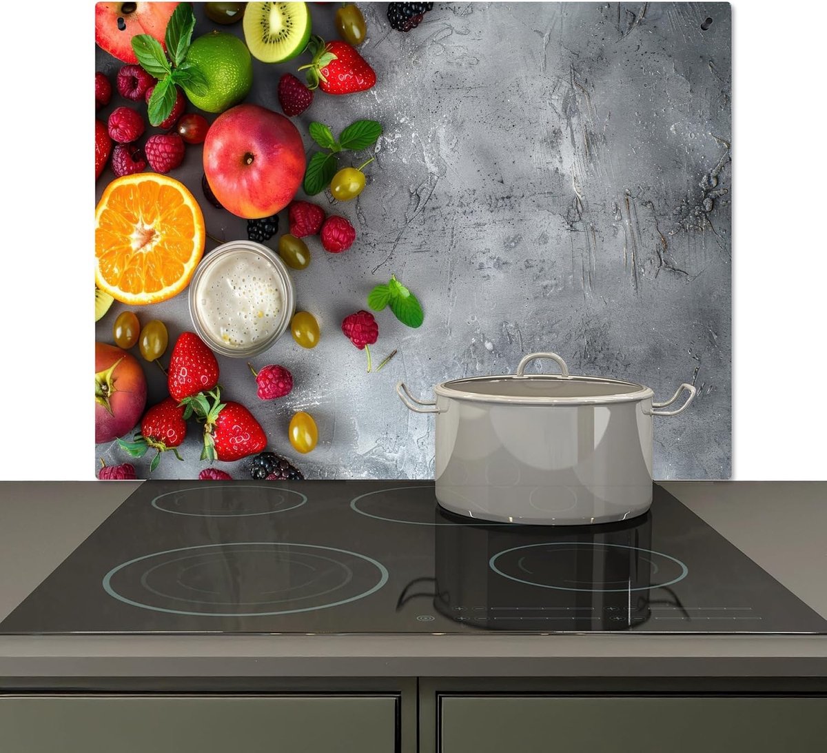 Spatscherm Keuken 52.2x80.2 cm Kookplaat Achterwand Beschermer Muur Spatwand Fornuis Aluminium Hittebestendig - Fruit - Beton - Vruchten - Grijs