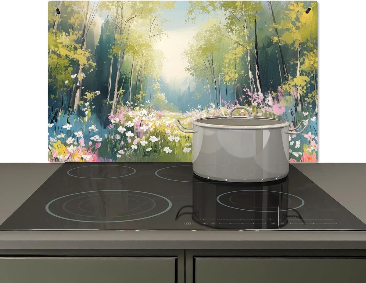 Spatscherm Keuken 52.7x91.6 cm Kookplaat Achterwand Beschermer Muur Spatwand Fornuis Aluminium Hittebestendig - Bos - Schilderstijl - Kleurrijk