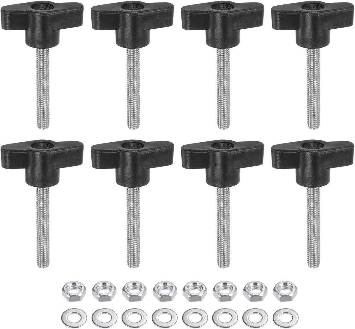 8 stuks T-grepen, M6 x 40 mm, metrisch, schroefdraadstift van roestvrij staal 304, 36 mm, Z/T, gekartelde kopschroeven, kunststof handgreep, spanknop met moeren sluitringen, zwart