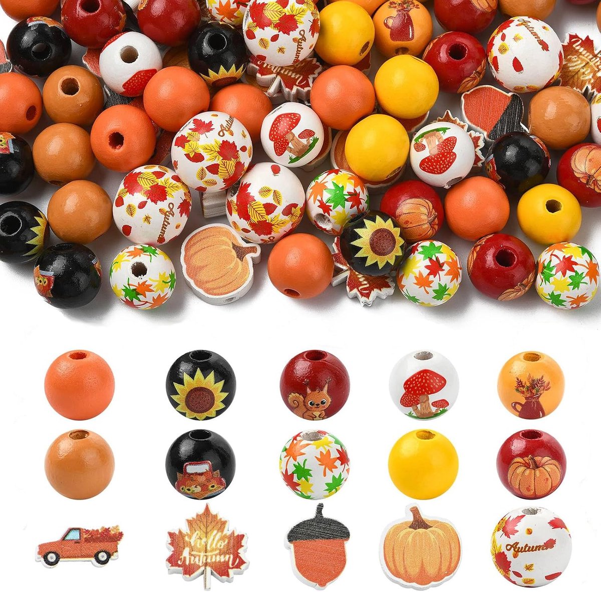 100 stuks 15 Stijlen Herfst Herfst Thema Houten Kralen Thanksgiving Esdoornblad Pompoen Ronde Kralen voor DIY Sieraden Armband Ketting Oorbel Ambachten Tas Sleutelhanger Telefoon Decor