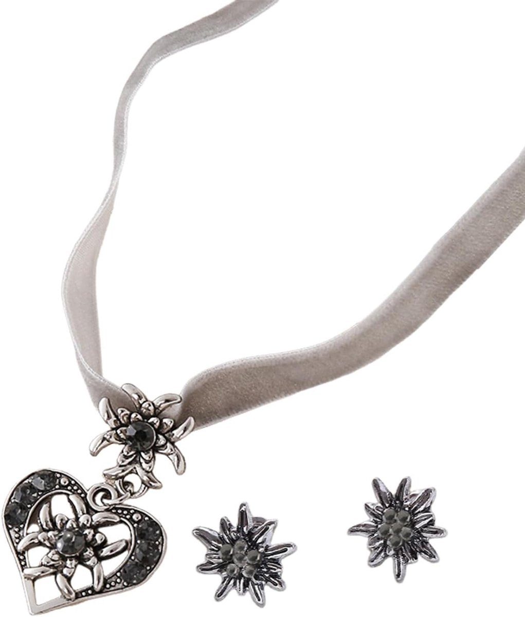 Klederdrachtsieraad voor dames, klederdrachtsieraad, Oktoberfest, halsketting, oorbellen, hart, edelweiss, dirndl, Beierse dirndl, klederdrachtsieraad, dirndl (grijs)