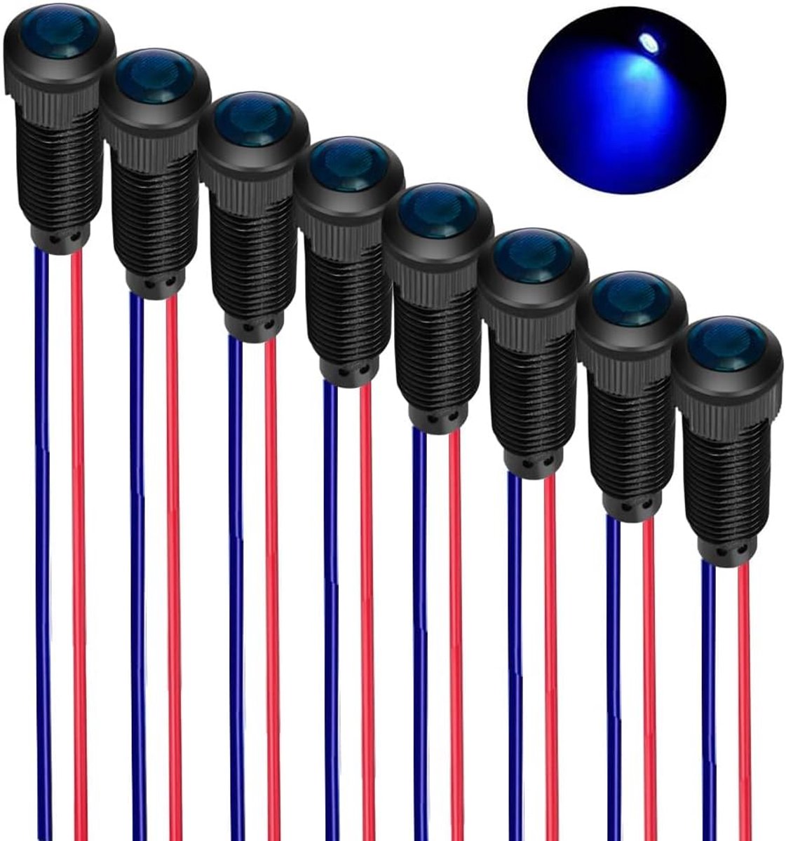 8 stuks blauwe LED-indicator waakvlam 110-220VAC montagegat maat 8mm (vlamvertragende plastic omhulsel)