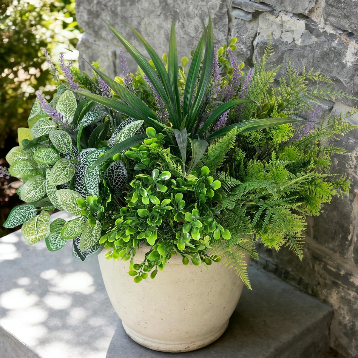 Kunstplanten, UV-bestendig, realistische kunstdecoratie, eucalyptusvaren, lavendelgroen voor terras, tuin, veranda, decoratie, weerbestendige nepplanten voor buiten