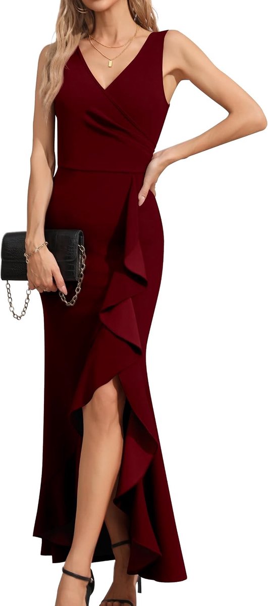 Avondjurken voor dames, wikkeljurk, V-hals, mouwloos, maxi-jurk, ruches, split, bodycon, cocktailjurk