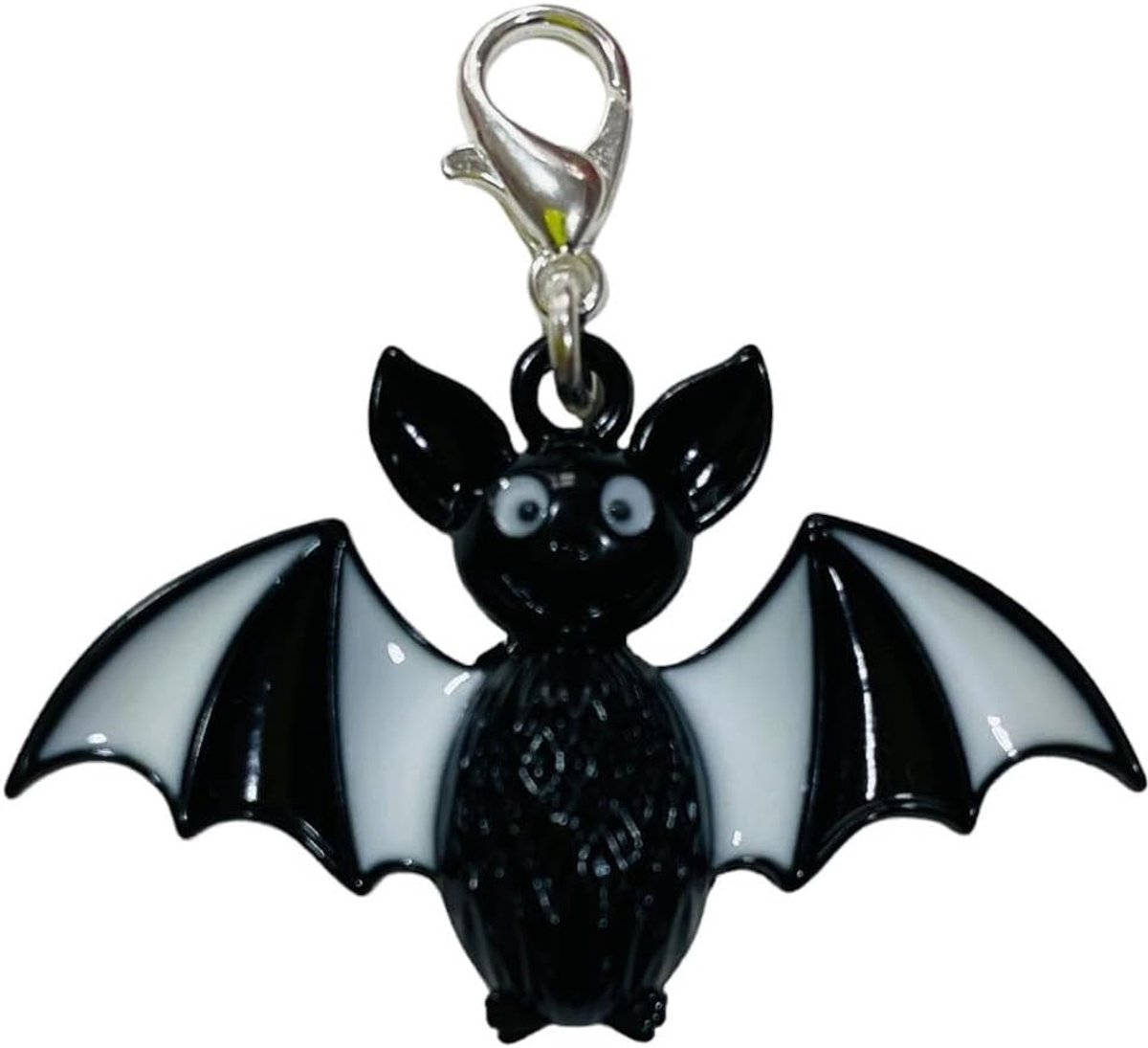 Vleermuisbedelhanger, vampierkostuum, Halloween, vleermuis, zwart-wit, handgemaakt modesieraad, kettinghanger, bedelarmband, hanger voor armband, 39mm, Metaal