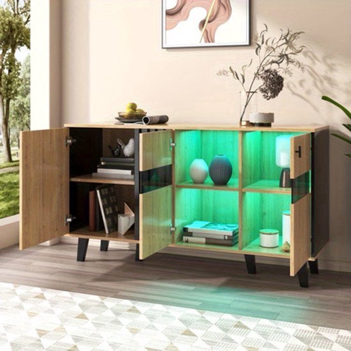Dressoir – Buffettafel – Opbergkast – Sideboard – Ladekast – Hout Zwart Met Glas – 140x78,5x41 cm – Duurzaam Spaanplaat Met Stijlvol Design