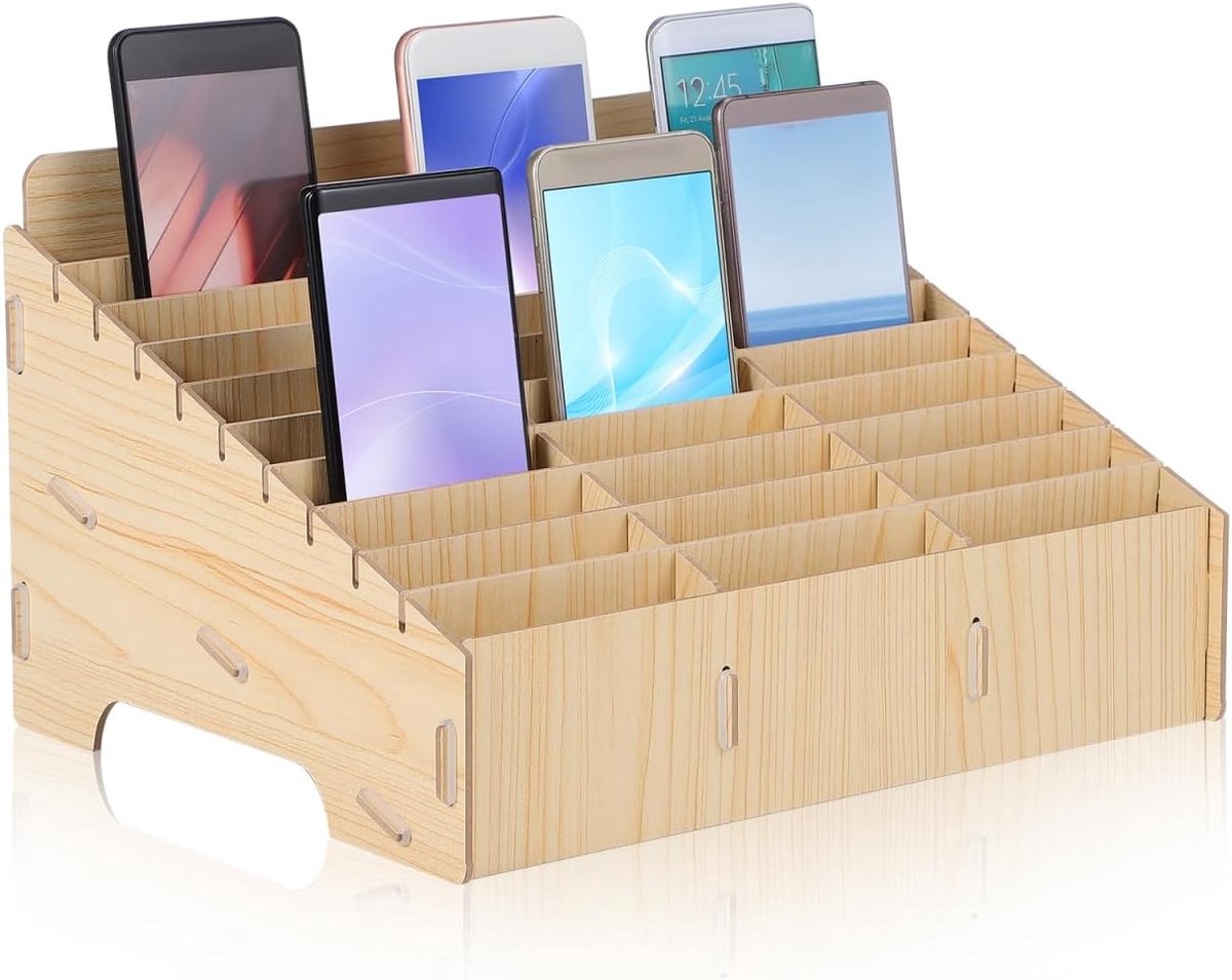 Mobiele Telefoon Beheerdoos van Hout met Meerdere Vakken voor Opberging en Organisatie (30 vakken)