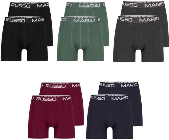 Zes Mario Russo boxershorts in paren: zwart, donkergroen, grijs, bordeauxrood en donkerblauw.