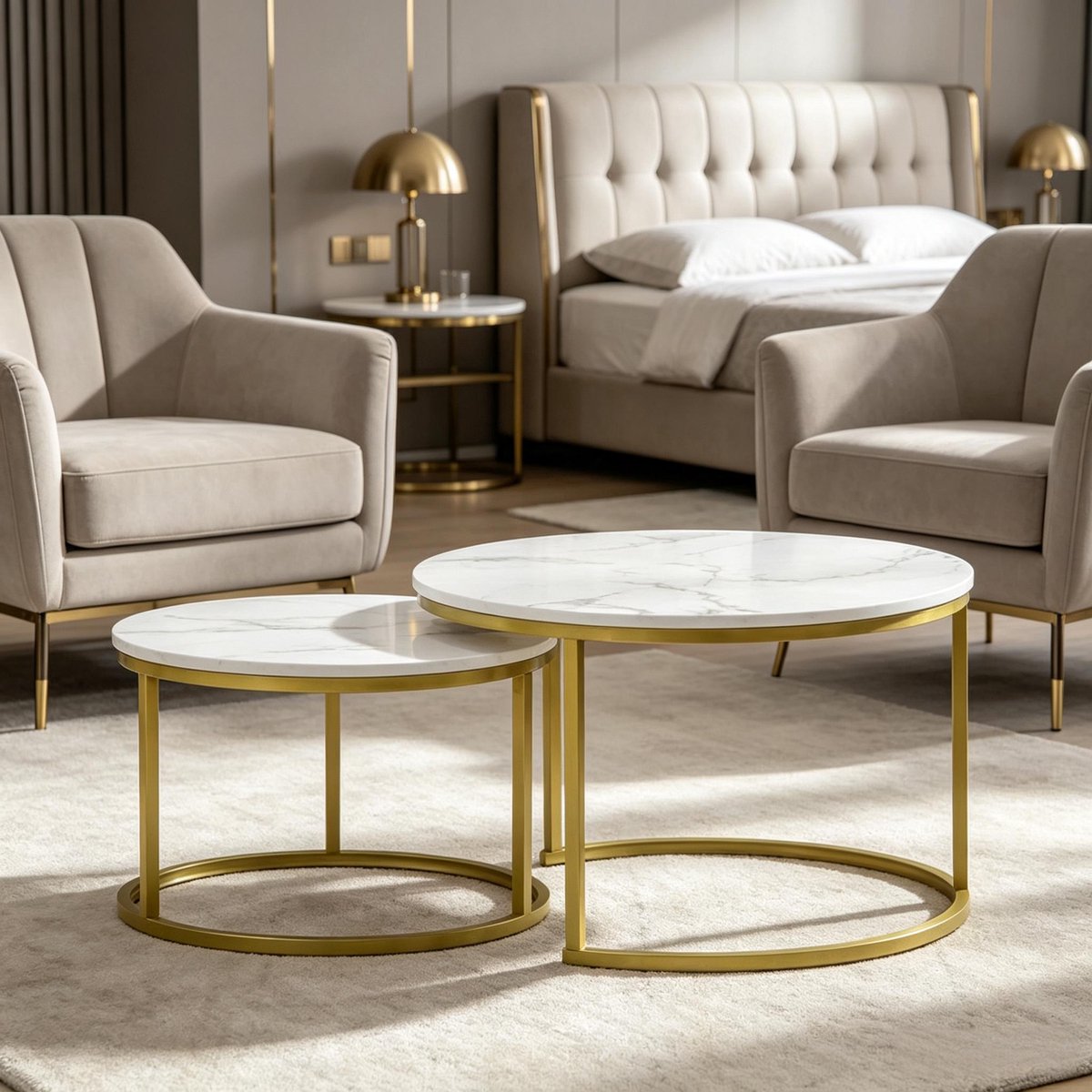FloraGrace Bijzettafel Set Van 2 - Nesting Design Met Marmerlook En Gouden Metalen Frame - Modern Voor Woonkamer En Slaapkamer - Ø 74 En Ø 59 Cm - Goud Wit
