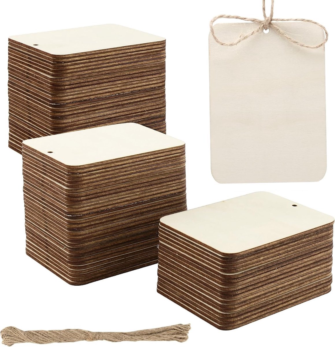 Pack van 100 Houten Labels met Gat, 90 x 65 x 2 mm, Lege Houten Cadeau Labels voor DIY Creaties en Knutselprojecten met Touw