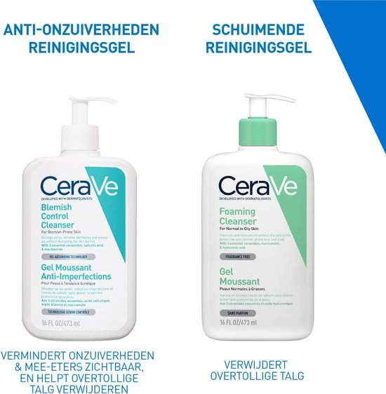 Twee CeraVe flessen. Links: "Blemish Control Cleanser" met "VERMINDERT ONZUIVERHEDEN & MEE-ETERS ZICHTBAAR". Rechts: "Foaming Cleanser" met "VERWIJDERT OVEROLLIGE TALG".