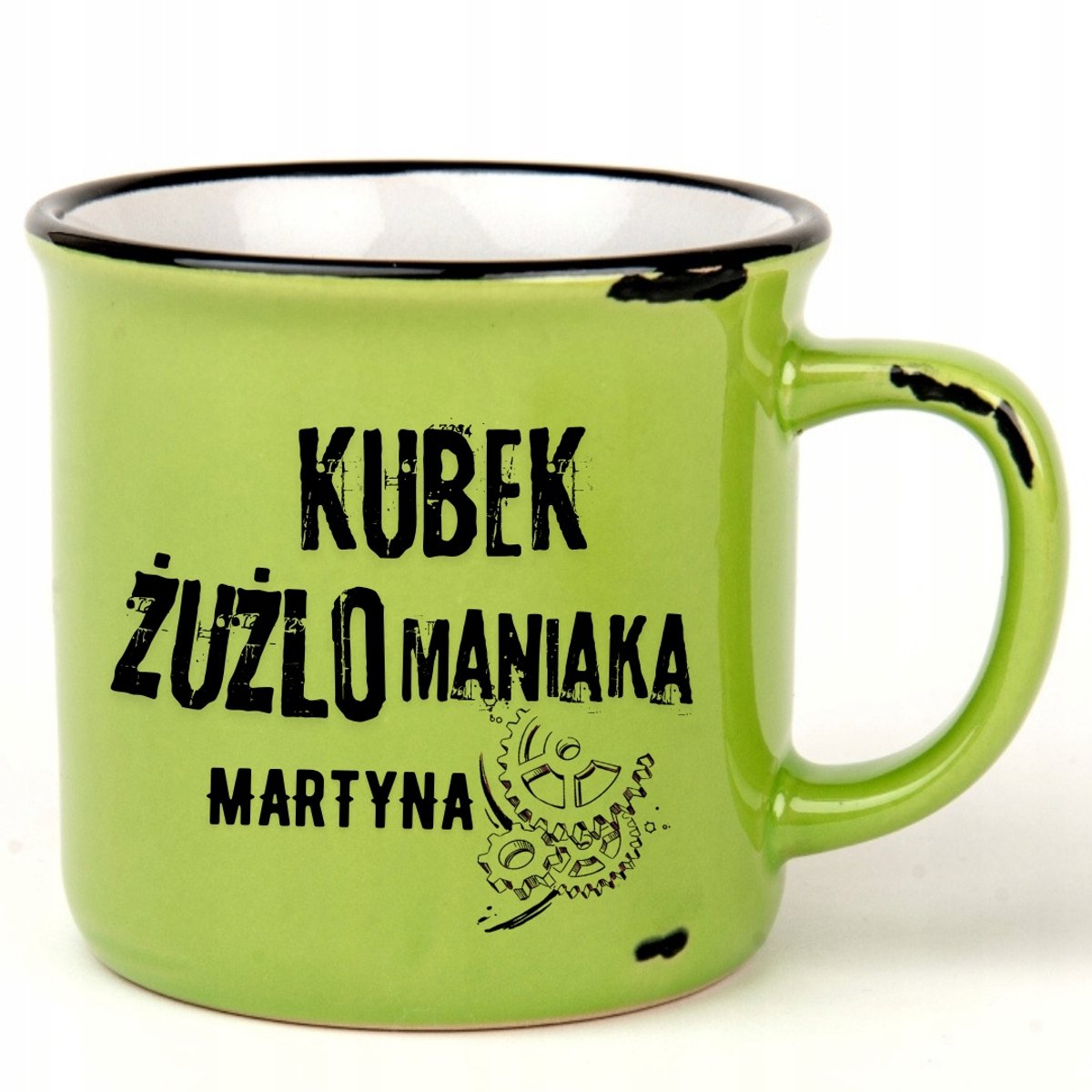 Groene Vintage Kroes voor Speedway Fan met Naam - "Żużlomaniak"