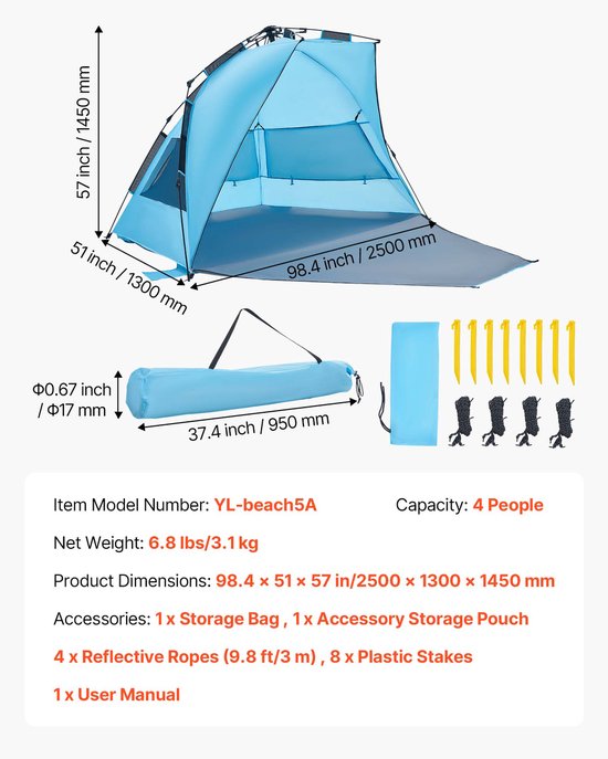 Pop-Up Strandtent/Zonnescherm voor 4 Personen, UPF 50+ Bescherming, Draagbare Tent met Tas en Grondankers, Lichtgewicht Parasol voor Kamperen, Vissen en Picknicken van POP — afbeelding 3