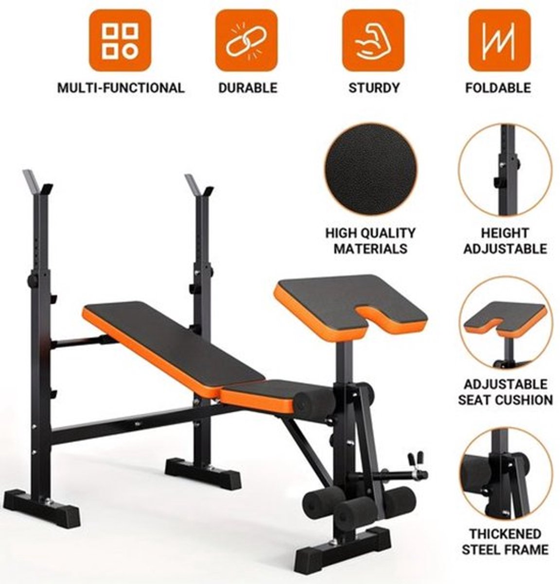 Halterschijfbank – Halterbank – Trainingsbank – Fitnessbank – Gewichthefbank – Verstelbaar en Inklapbaar – 370 kg Belastbaar – 6-in-1 Multifunctioneel Trainingsstation