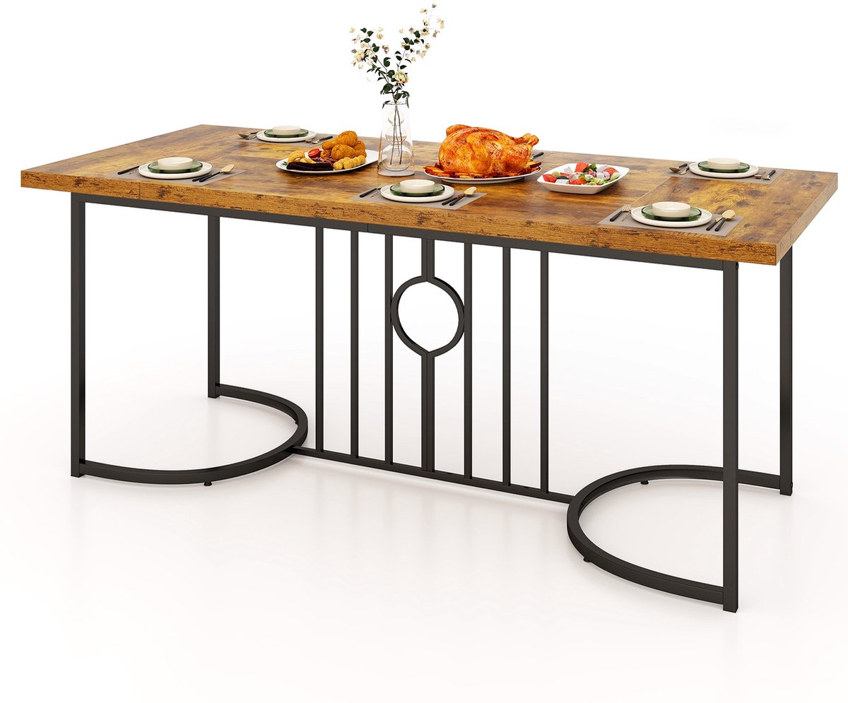 COSTWAY Eetkamertafel, 180 x 79 cm, rechthoekige keukentafel van hout en metaal, tot 135 kg, eettafel voor 6-8 personen, grote tafel voor eetkamer, woonkamer, restaurant, bruin + zwart