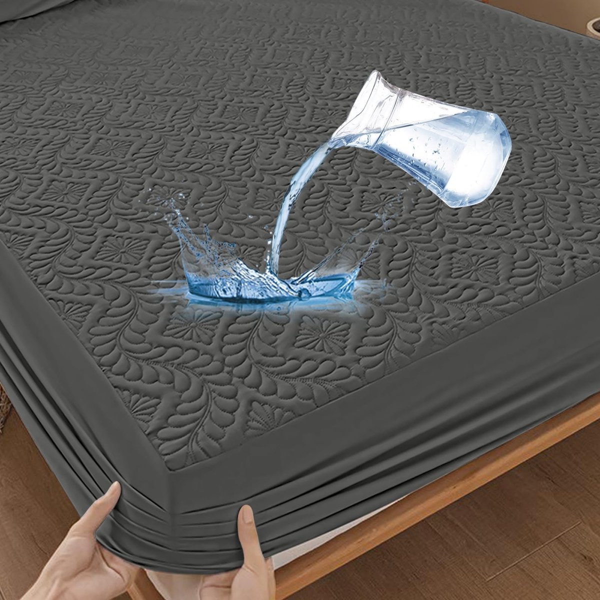 Elzusha - Premium Waterdichte Matrasbeschermer 140x200 cm - Luxe Hoeslaken 3D Patroon - Donkergrijs