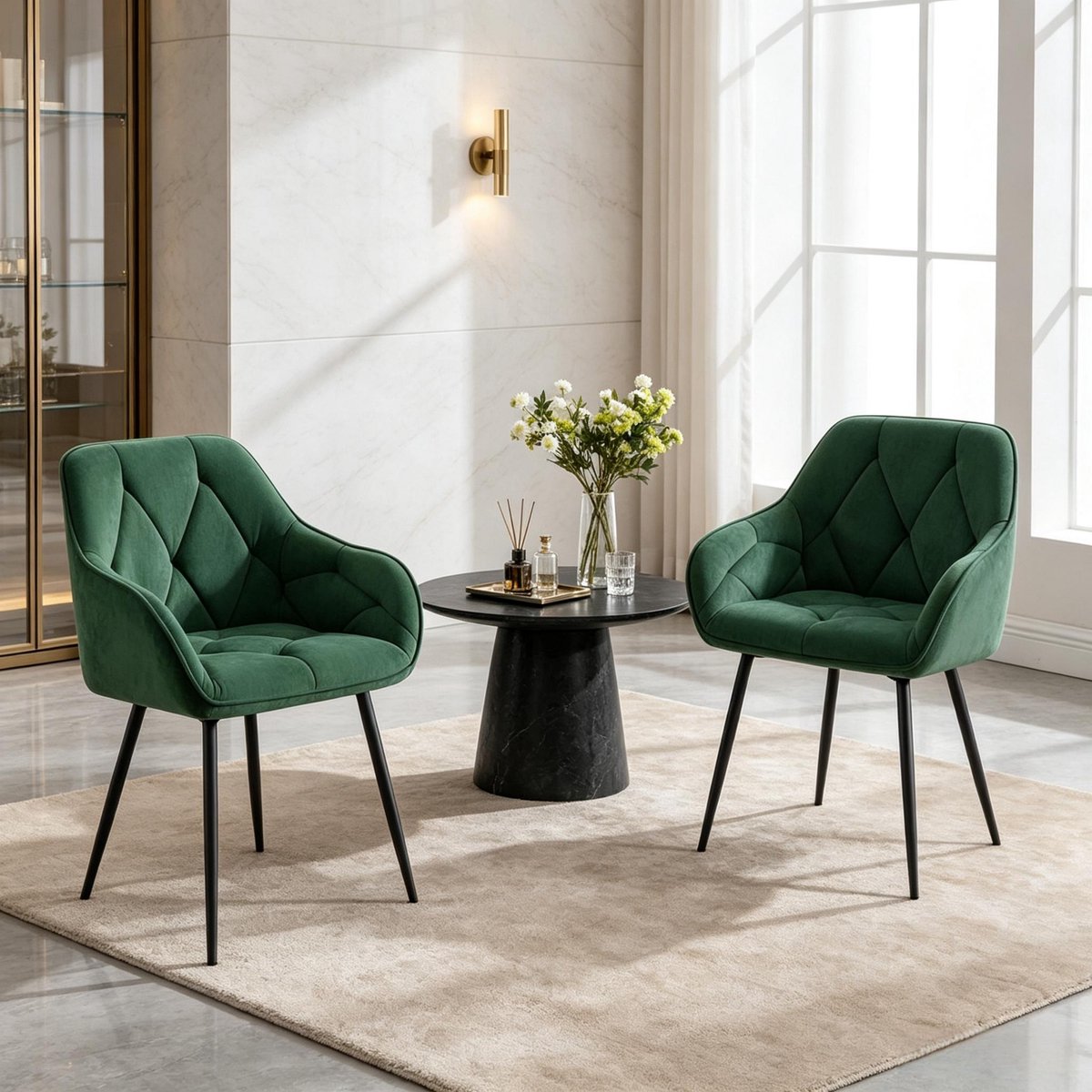 COVREO Eetkamerstoel set van 2 45,5x45x83,5 cm donkergroen velvet met armleuning Dark Green