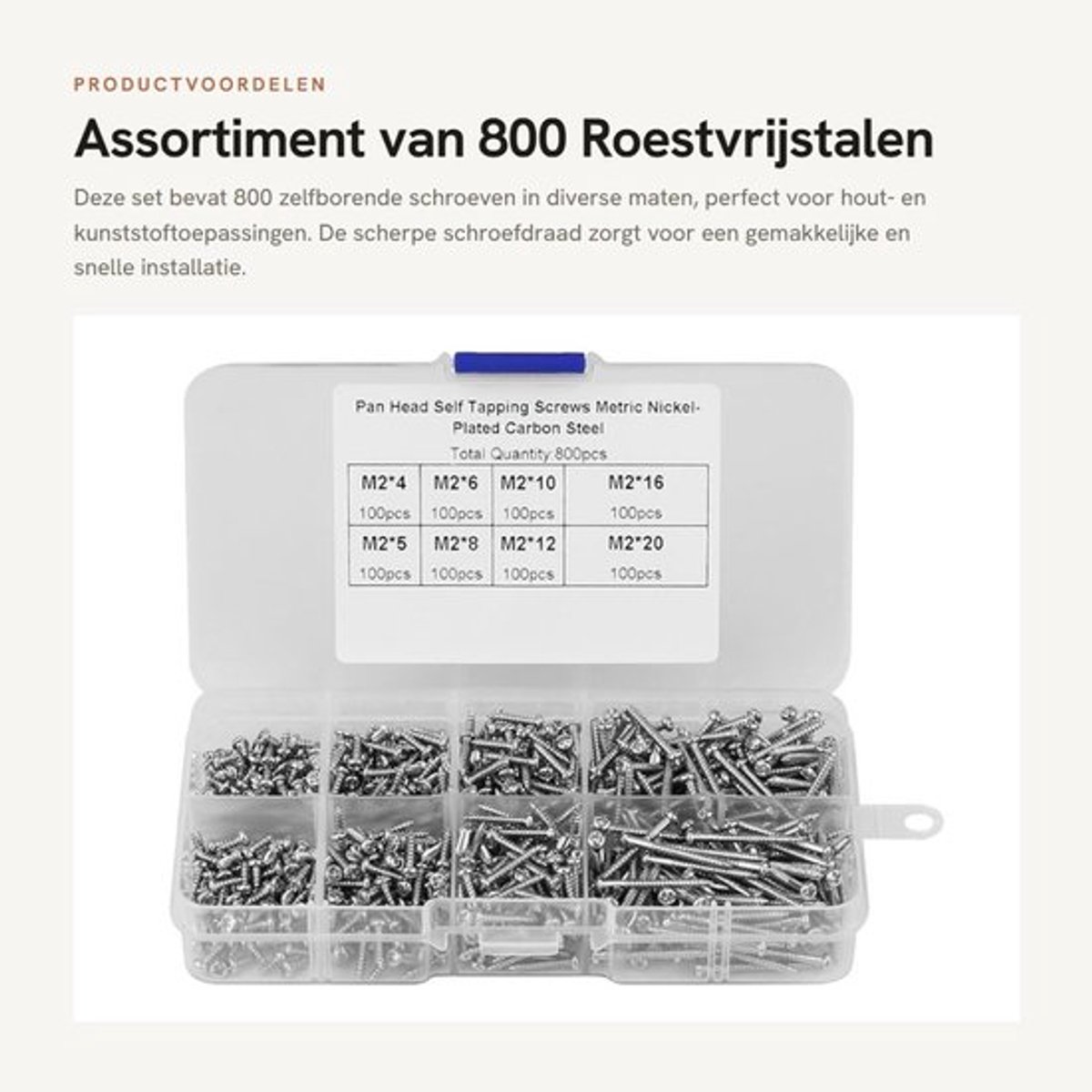 Zelfborende Schroeven 800 Stuks - Roestvrij Staal - 8 Maten - Platte Kop - Voor Houten Toepassingen - Transparante Opbergdoos