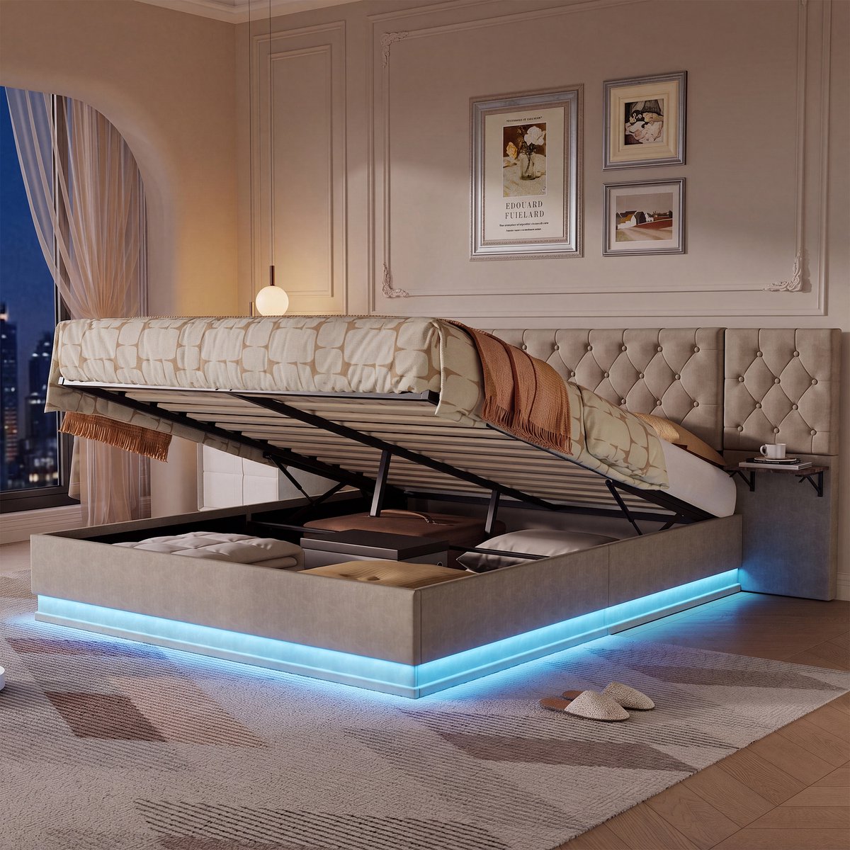 Opbergbed 140x200 cm met ledverlichting en USB-poorten, Tweepersoonsbed met hydraulische lift, Gestoffeerd met 2 houten planken, Linnen Beige