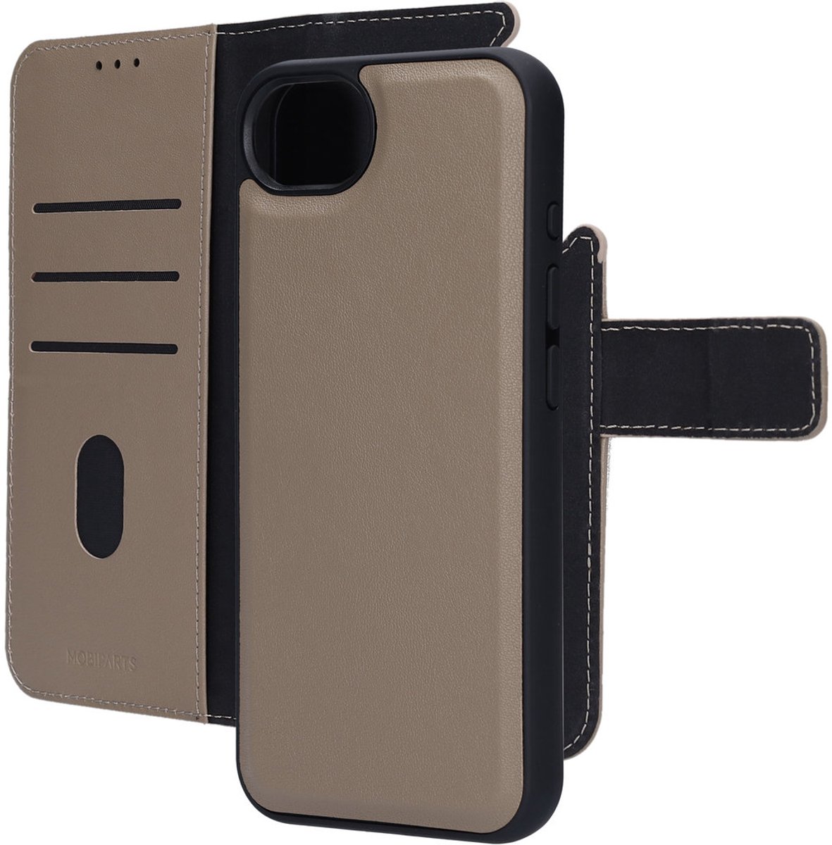 Mobiparts Telefoonhoesje geschikt voor Apple iPhone 17e Hoesje Echt Leer | Mobiparts Uitneembare 2in1 Bookcase Portemonnee | Pasjeshouder voor 3 Pasjes | Telefoonhoesje voor Pinpas / OV Kaart / Rijbewijs - Taupe