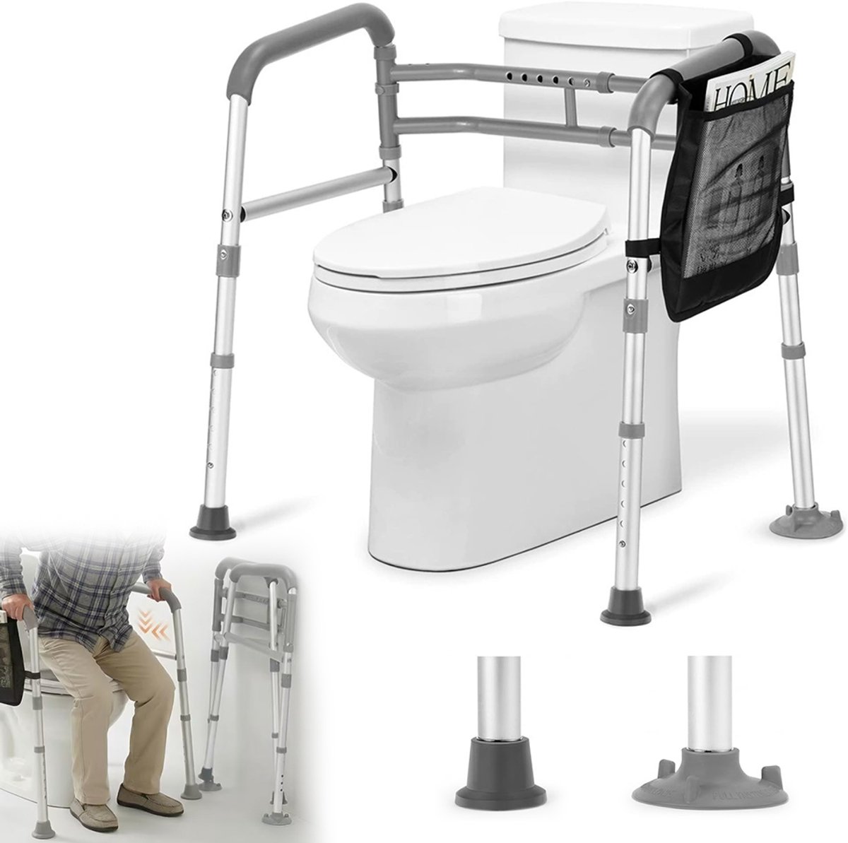 Toegankelijke toiletbeugels - Veiligheidsbeugels voor het toilet - Sta-hulp - Toiletsteun voor ouderen - Maximaal draagvermogen 150 kg - Metaal - Grijs