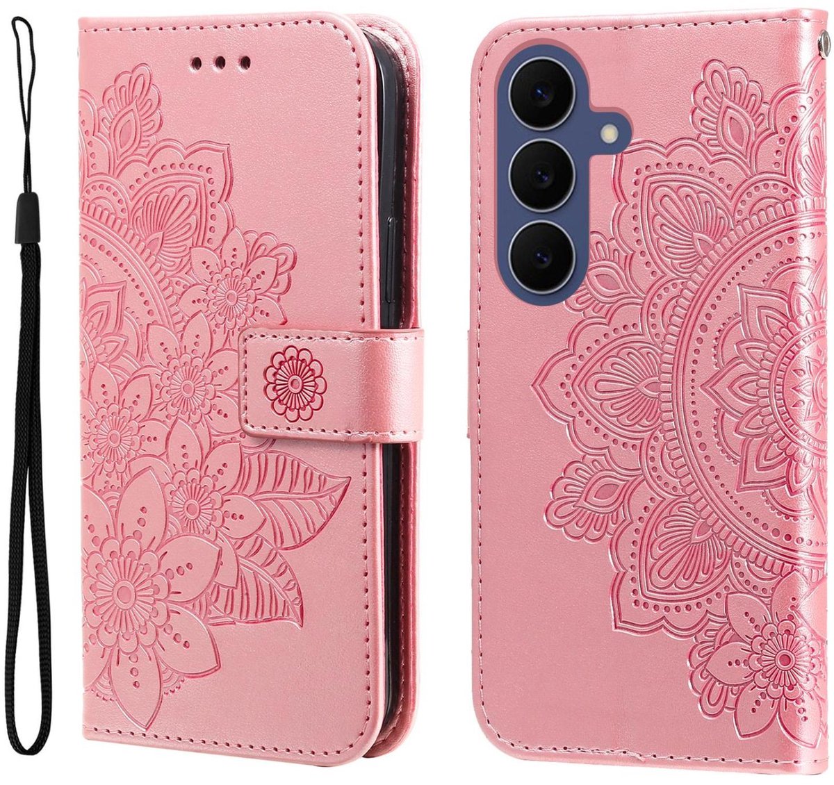 Mobigear Telefoonhoesje geschikt voor Samsung Galaxy S26 FE Hoesje | Mobigear Flowers Bookcase Portemonnee | Pasjeshouder voor 3 Pasjes | Telefoonhoesje voor Pinpas / OV Kaart / Rijbewijs - Roségoud